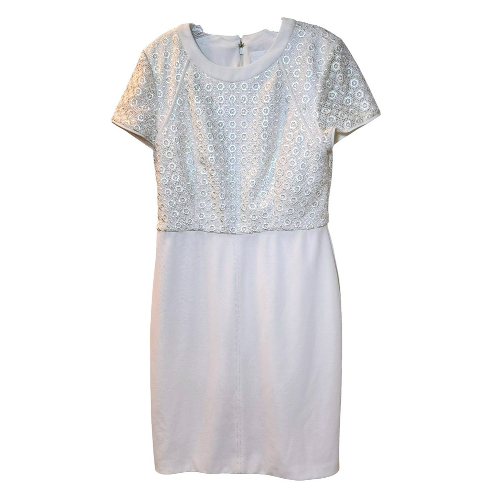 Mikael Aghal White A-Line Midi Dress‎ Size 10 Crew Neck Short Sleeve